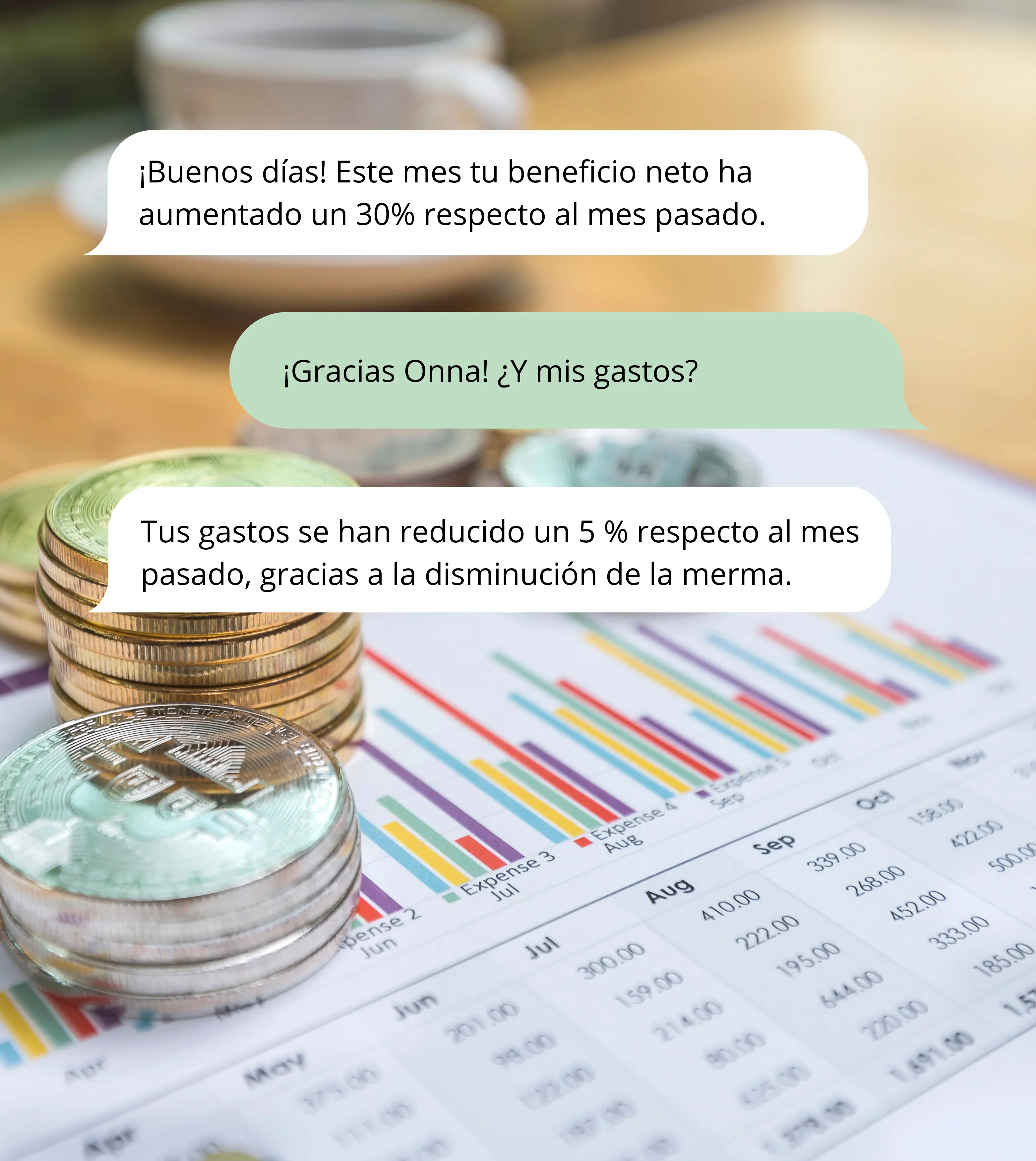 Conversación de WhatsApp con Onna informando del beneficio neto y la reducción de gastos del mes, sobre monedas y un gráfico de gastos