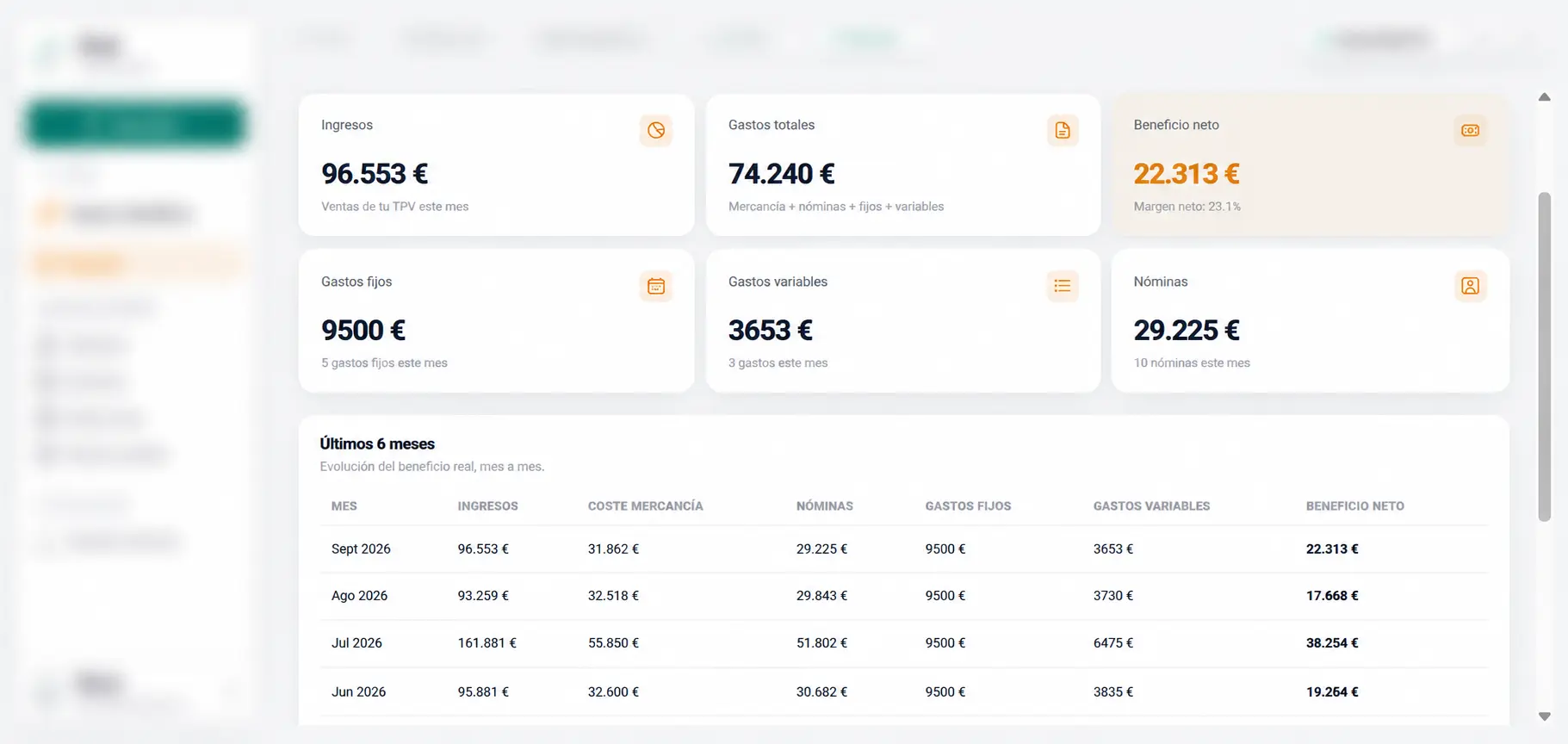 Pantalla de Gastos y Beneficios de Onna con ingresos, gastos fijos y variables, nóminas y beneficio neto
