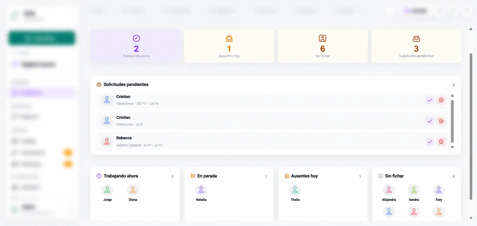 Dashboard de Registro Horario de Onna con fichajes, ausencias y solicitudes pendientes