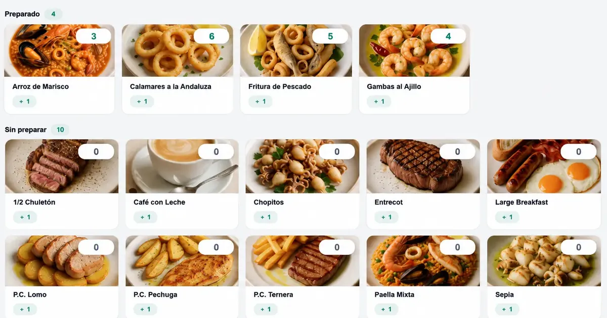 Platos de un restaurante en Onna con sus raciones preparadas: arroz de marisco, calamares, chuletón y entrecot