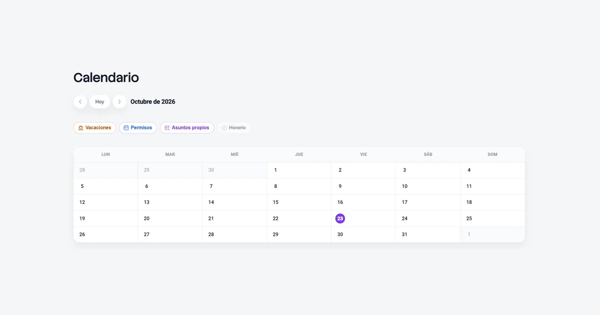 Calendario de Registro Horario de Onna con las vacaciones, permisos y asuntos propios del equipo